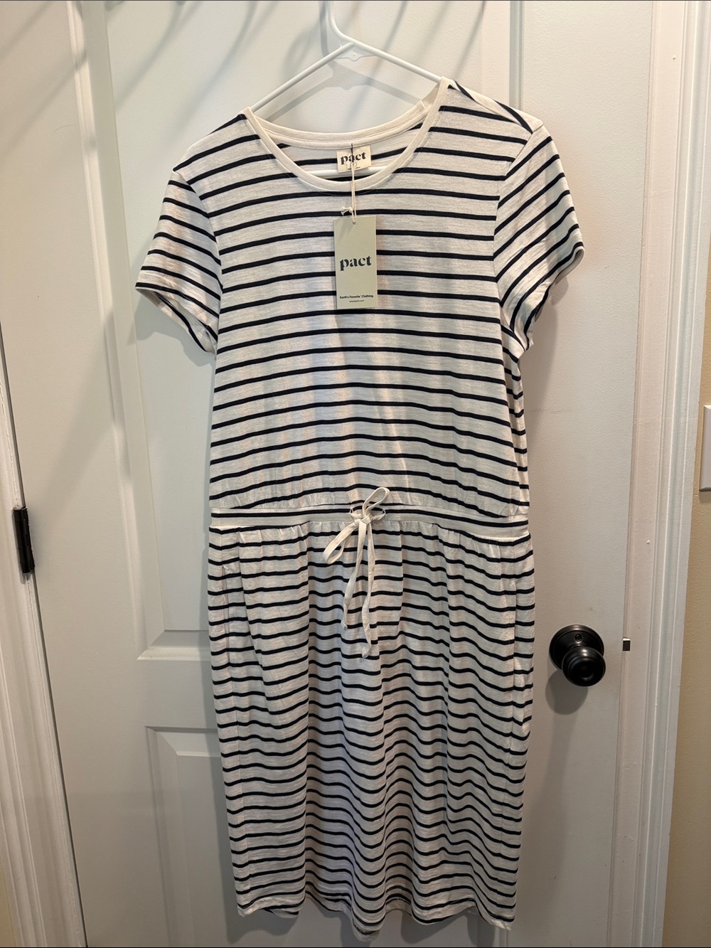 Pact White & Navy Striped Drawstring Tee Dress